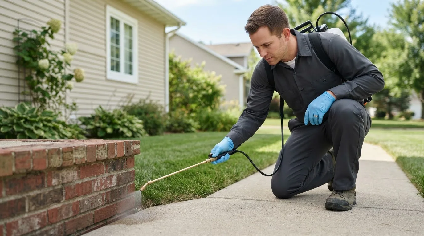 Pest control technician treating a home near Hazel Green, WI