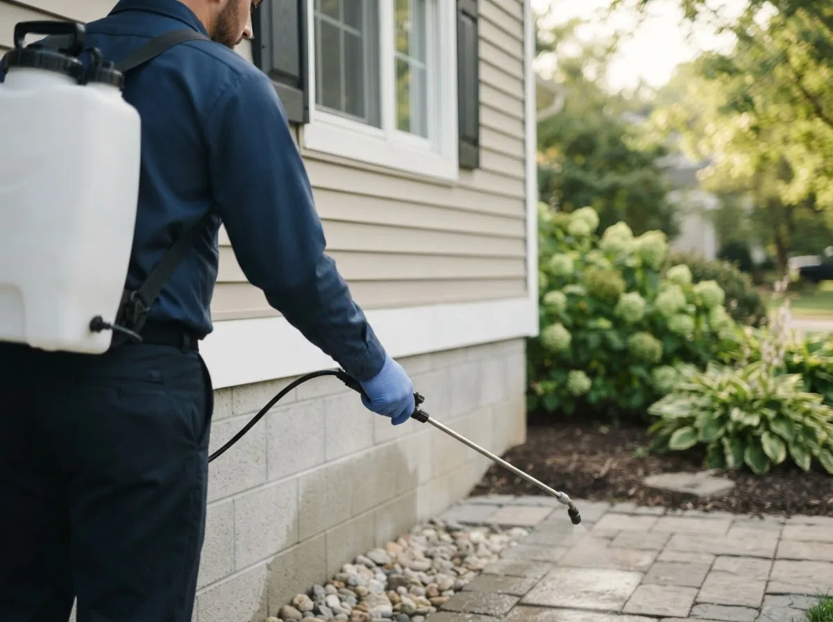 Pest control technician inspecting a home in Hazel Green, WI